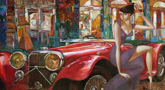 Vintage Car with Woman Painting - 24 x 14 inch (multi-color) by Urban Ladder - Design 1 Side View - 799655