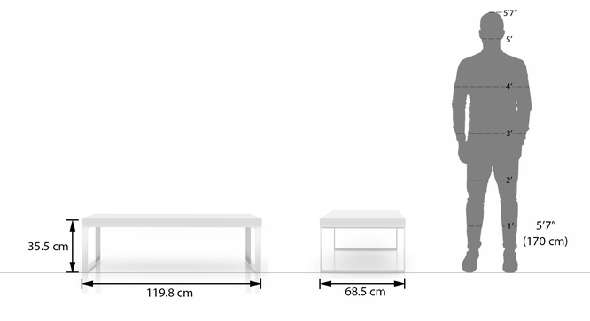 Marcel Coffee Table (White Gloss Finish, Large Size) by Urban Ladder - Dimension - 