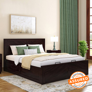Double Bed Design Almaya Solid Wood Queen Size Hydraulic Storage Bed in Mahogany Finish