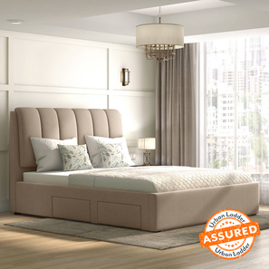 Upholstered Beds Design Faroe Engineered Wood Queen Size Drawer Storage Upholstered Bed in Beige Finish