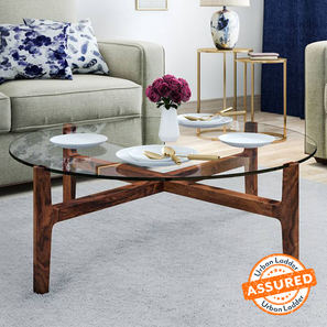 Coffee Table Design Cayman Round Sheesham Wood And Tempered Glass Coffee Table in Teak Finish
