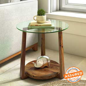 Round wood side table with glass top store