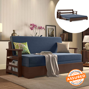 Solid Wood Sofa Beds Design Oshiwara Compact 3 Seater Pull Out Sofa cum Bed In Lapis Blue Colour