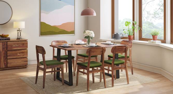 Aquila Live Edge 6 Seater Dining Table With Set of Vivien Chairs Cornsilk Yellow (Teak Finish) by Urban Ladder - Front View Design 1 - 810551