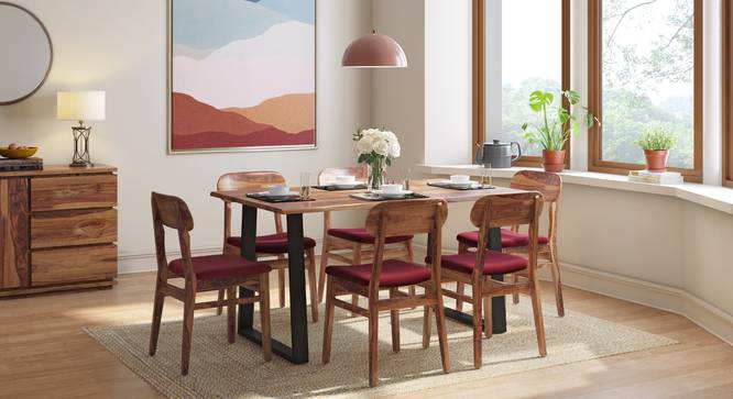 Aquila Live Edge 6 Seater Dining Table With Set of Vivien Chairs Cornsilk Yellow (Teak Finish) by Urban Ladder - Front View Design 1 - 810552