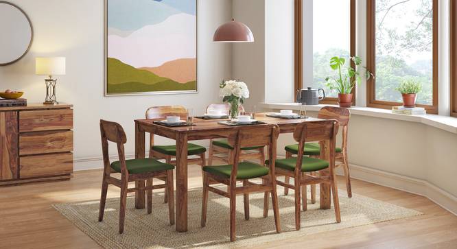 Oliver 6 Seater Solid Wood Dining Table with Set Of Vivien Dining Chairs in Mahogany Finish Matty Olive (Teak Finish) by Urban Ladder - Front View Design 1 - 810593