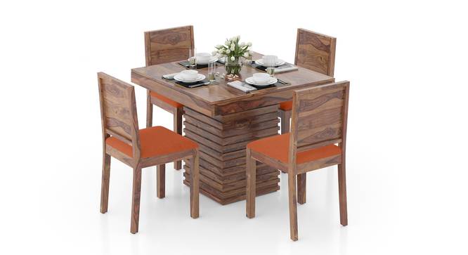Julian 4 Seater Dining Table with Set of Oribi Upholstered Dining Chairs in Mahogany Finish Colour: Burnt Orange (Teak Finish) by Urban Ladder - Front View Design 1 - 810631