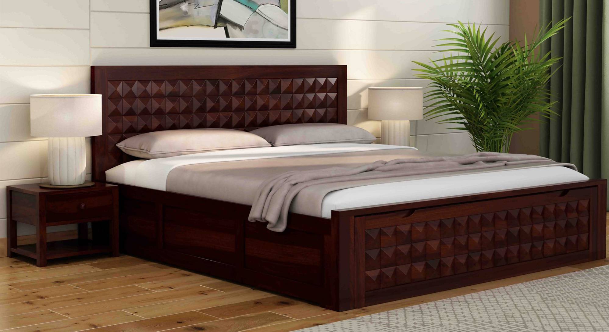 Meryl Solid Wood Queen Size Drawer And Box Storage Bed in Brown Finish Urban Ladder