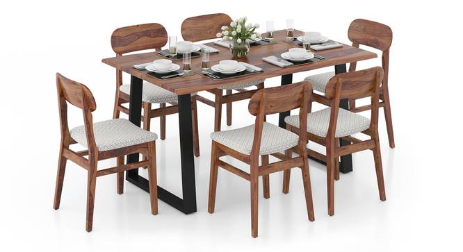 Aquila Live Edge 6 Seater Dining Table With Set of Vivien Chairs Cornsilk Yellow (Teak Finish, Grey Floral) by Urban Ladder - Front View - 