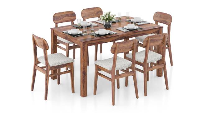 Oliver 6 Seater Solid Wood Dining Table with Set Of Vivien Dining Chairs in Mahogany Finish Matty Olive (Teak Finish, Grey Floral) by Urban Ladder - Front View - 