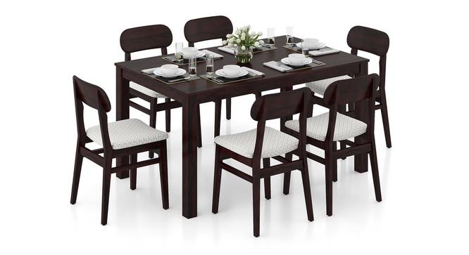 Oliver 6 Seater Solid Wood Dining Table with Set Of Vivien Dining Chairs in Mahogany Finish Matty Olive (Mahogany Finish, Grey Floral) by Urban Ladder - Front View - 