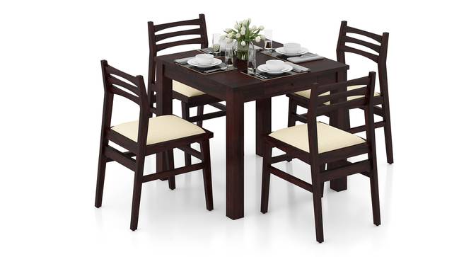 Arabia Solid Wood 4 Seater Dining Table With Set Of 4 Leon Chairs (Mahogany Finish, Camilla Ivory) by Urban Ladder - Front View - 817848