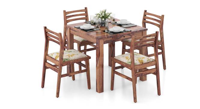 Arabia Solid Wood 4 Seater Dining Table With Set Of 4 Leon Chairs (Teak Finish, Mustard Florals) by Urban Ladder - Front View - 817866