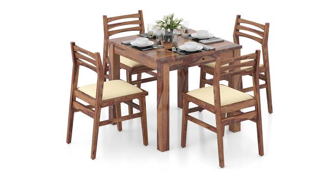 Arabia Solid Wood 4 Seater Dining Table With Set Of 4 Leon Chairs (Teak Finish, Camilla Ivory) by Urban Ladder - Front View - 817875