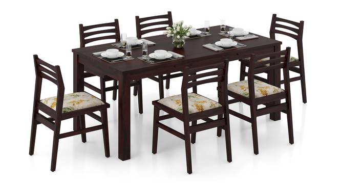 Arabia Leon Solid Wood 6 Seater Dining Table With Set Of 6 Chairs In Mahogany Finish (Mahogany Finish, Mustard Florals) by Urban Ladder - Front View - 