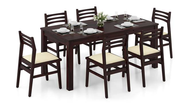 Arabia Leon Solid Wood 6 Seater Dining Table With Set Of 6 Chairs In Mahogany Finish (Mahogany Finish, Camilla Ivory) by Urban Ladder - Front View - 