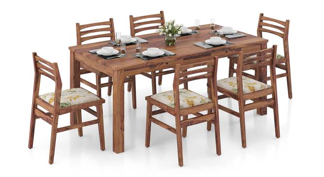 Arabia Leon Solid Wood 6 Seater Dining Table With Set Of 6 Chairs In Mahogany Finish (Teak Finish, Mustard Florals) by Urban Ladder - Front View - 