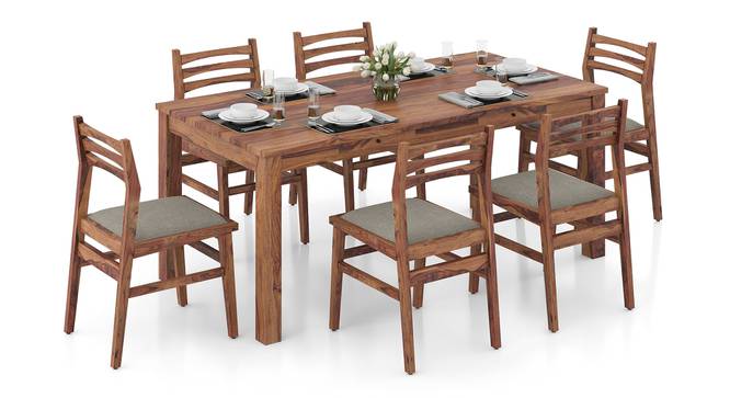 Arabia Leon Solid Wood 6 Seater Dining Table With Set Of 6 Chairs In Mahogany Finish (Teak Finish, Omega) by Urban Ladder - Front View - 