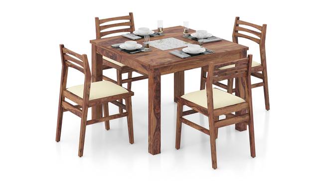 Brighton Leon Solid Wood 6 Seater Table With Set of 6 Chairs in Teak Finish (Teak Finish, Camilla Ivory) by Urban Ladder - Front View - 