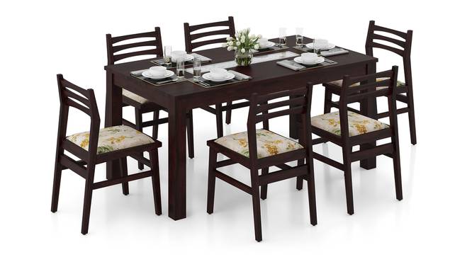 Brighton Leon Solid Wood 6 Seater Table With Set of 6 Chairs in Mahogany Finish (Mahogany Finish, Mustard Florals) by Urban Ladder - Front View - 