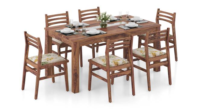 Brighton Leon Solid Wood 6 Seater Table With Set of 6 Chairs in Mahogany Finish (Teak Finish, Mustard Florals) by Urban Ladder - Front View - 