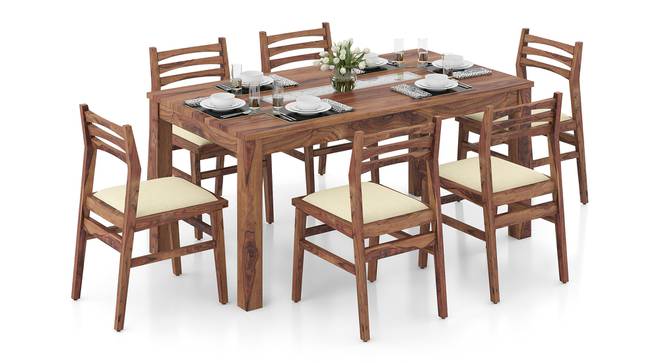 Brighton Leon Solid Wood 6 Seater Table With Set of 6 Chairs in Mahogany Finish (Teak Finish, Camilla Ivory) by Urban Ladder - Front View - 