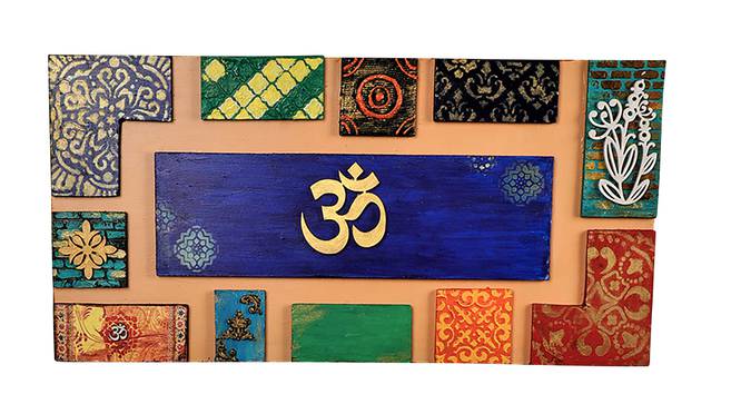 Wooden 3D Handmade Rectangle Wall Art in Blue with Om (Multicolor) by Urban Ladder - Front View Design 1 - 821146