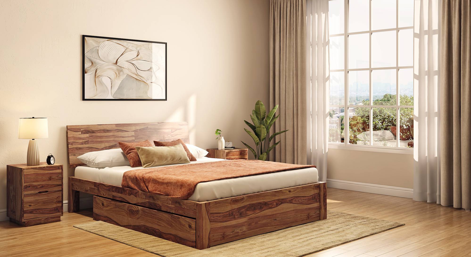 Boston Solid Wood Queen Size Drawer Storage Bed in Teak Finish Urban