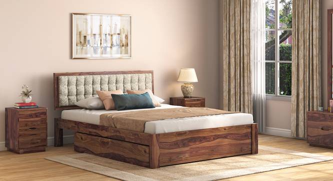 Florence Storage Bed (Solid Wood) (Teak Finish, King Bed Size, Monochrome Paisley, Drawer Storage Type) by Urban Ladder - Full View - 