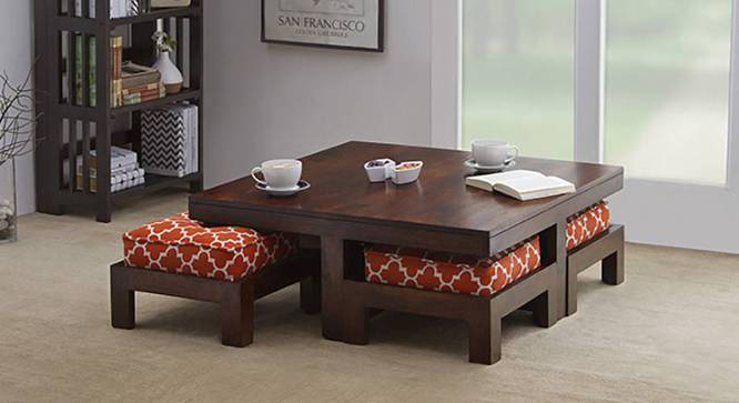 Kivaha 4-Seater Coffee Table Set (Walnut Finish, Morocco Lattice Rust) by Urban Ladder - Close View - 826754