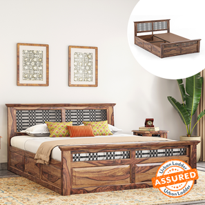 Bunai Range Freedom Design Bunai Solid Wood King Size Box Storage Bed in Teak Finish