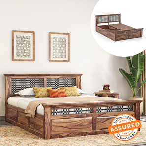 Aara Craft Brand Launch Design Bunai Solid Wood Queen Size Box Storage Bed in Teak Finish