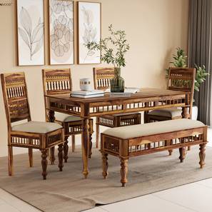 6 Seater Dining Sets 4 Chairs Design Reeves 6 Seater Dining Set with Bench (Brown, PROVINCIAL TEAK Finish)