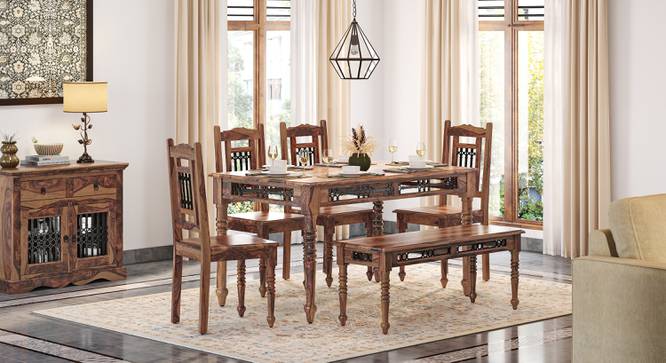 Bunai 6 seater Dining Set in Teak (Teak Finish, 4 Chairs + 1 Bench Set) by Urban Ladder - Dimension Full View - 845508