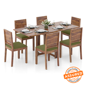Veneer Folding Dining Table Sets Design Danton 3-to-6 Seater Folding Dining Table With set of 6 Oribi Chairs (Teak Finish, Avocado Green)