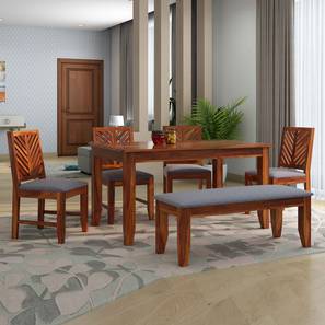 Solid Wood 6 Seater Dining Table Sets Design Alaca Rosewood 6 Seater Dining Table with Set of 4 Chairs And 1 Bench in Honey Oak Finish