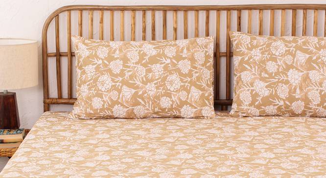 Genda Phool Fitted Cotton Bedsheet Set (Beige, Double Size) by Urban Ladder - - 