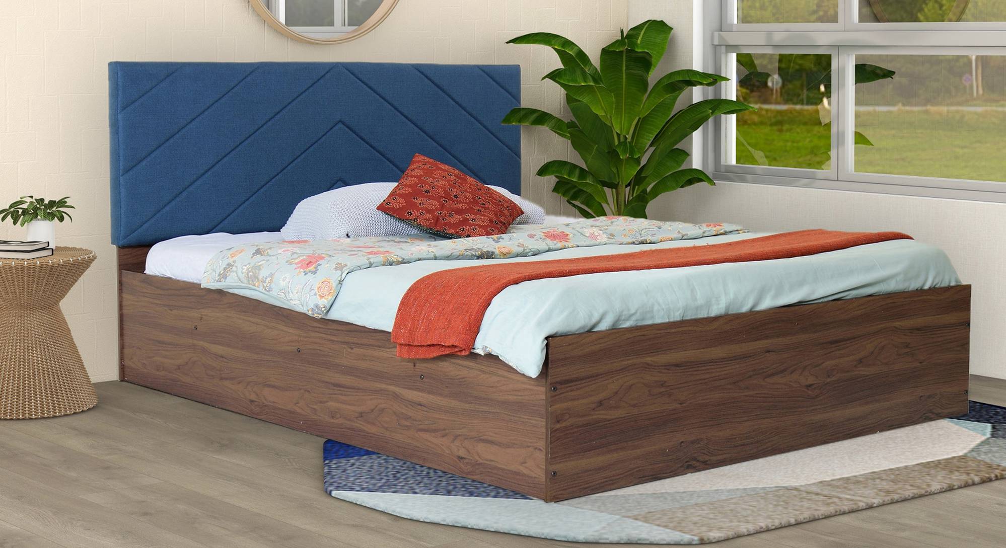 Mudra Engineered Wood Queen Size Box Storage Upholstered Bed in Walnut