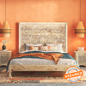 Freedom Specials Design Anokhi Solid Wood King Size Bed without Storage in Rustic White Finish