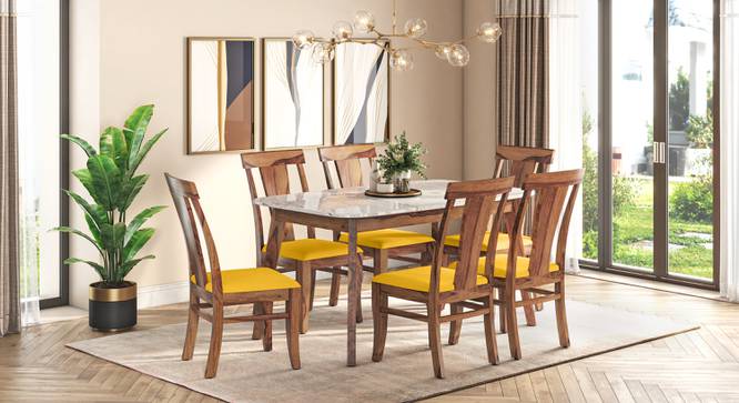 Lunar Maharaja White Marble Top 6 Seater Dining Table - With Set Of 6 Fabio Chairs In- Teak (Teak Finish, Matty Yellow) by Urban Ladder - - 885526
