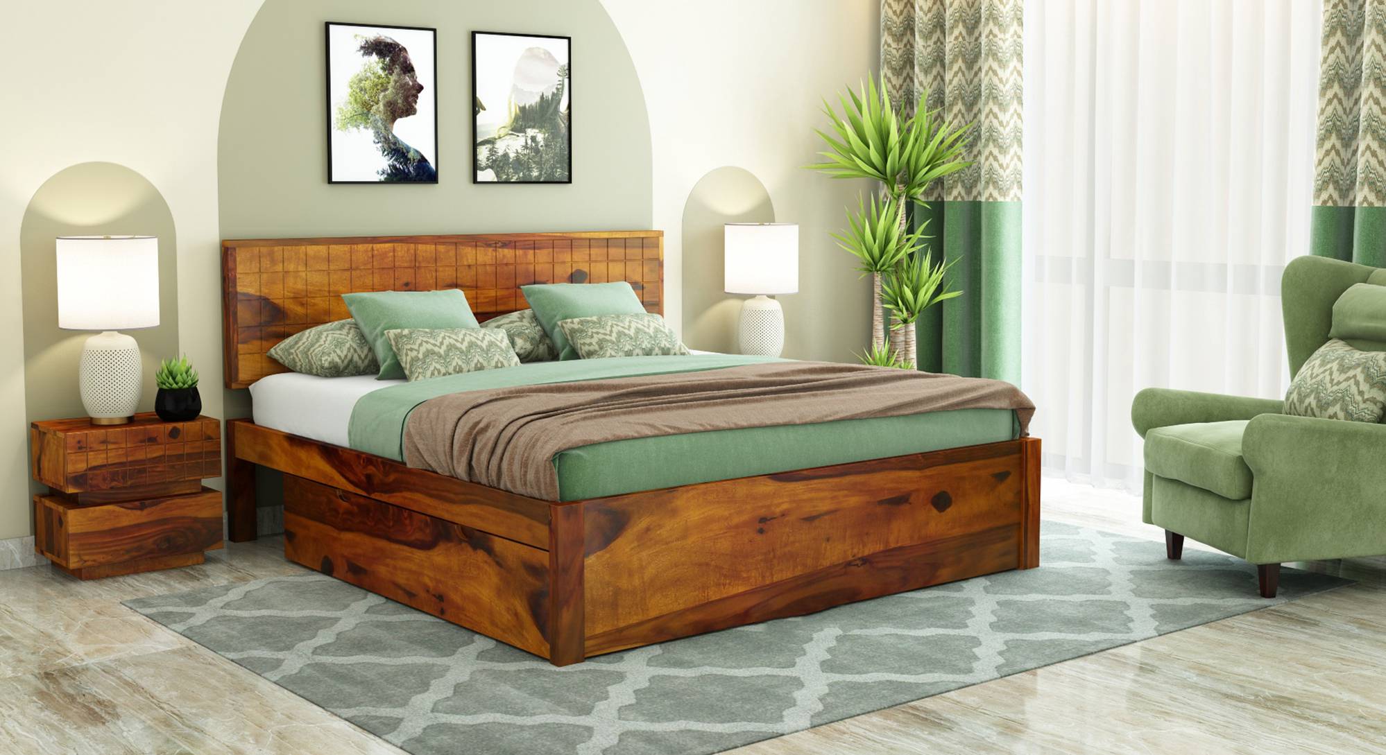 Xiomara Solid Wood King Size Box Storage Bed in Teak Finish - Urban Ladder