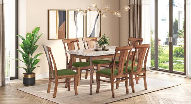 Lunar Maharaja White Marble Top 6 Seater Dining Table - With Set Of 6 Fabio Chairs In- Teak (Teak Finish, Matty Olive) by Urban Ladder - - 888078