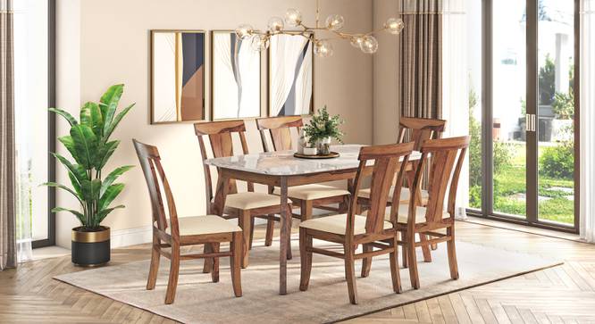 Lunar Maharaja White Marble Top 6 Seater Dining Table - With Set Of 6 Fabio Chairs In- Teak (Teak Finish, Birch Beige) by Urban Ladder - - 888080