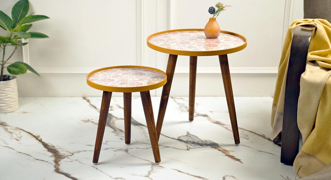Pink and Yellow Floral Round Nesting Tables with Wooden Legs (Matte Finish) by Urban Ladder - Front View Design 1 - 891211