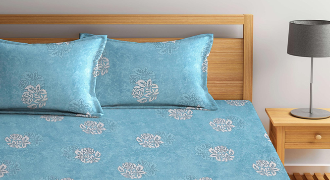 Of_The_Grid   Turquoise Floral 400 TC Pure Cotton Fitted Double Bedsheet with 2 Pillow Covers (King Size, Multi) by Urban Ladder - Design 1 Full View - 897428