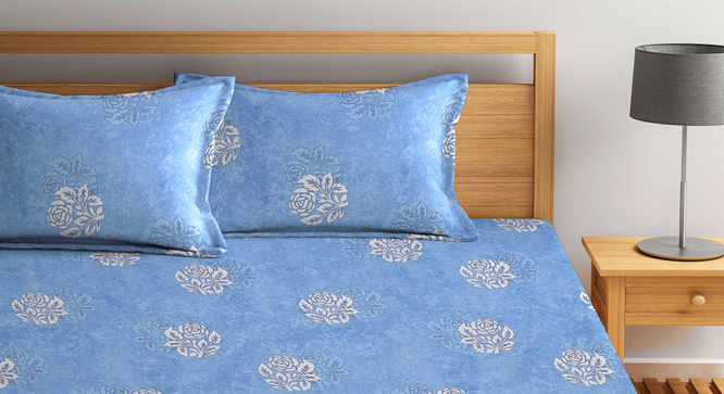 Athens   Blue Floral 400 TC Pure Cotton Fitted Double Bedsheet with 2 Pillow Covers (Turquoise, King Size) by Urban Ladder - Design 1 Full View - 897449
