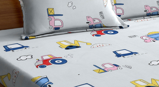 Jharoka   Multicolour Cartoon Characters 300 TC Cotton Blend Fitted Double Bedsheet with 2 Pillow Covers (King Size, Multi) by Urban Ladder - - 