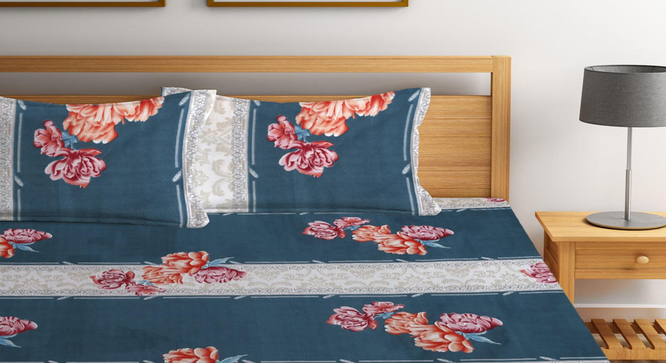 Mustang   Multi Floral 300 TC Cotton Blend Fitted Double Bedsheet with 2 Pillow Covers (Blue, King Size) by Urban Ladder - Design 1 Full View - 898396