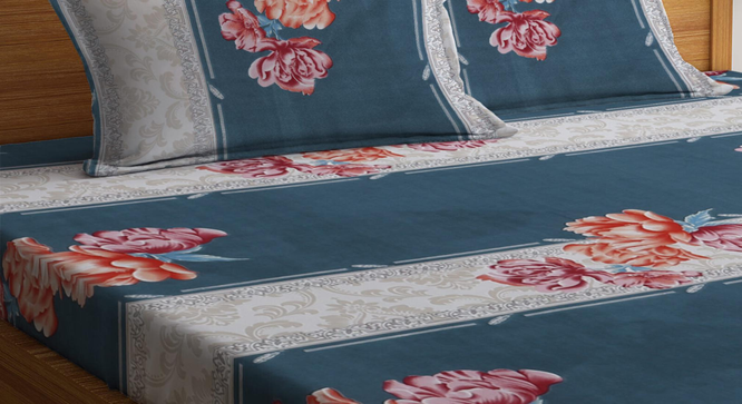 Mustang   Multi Floral 300 TC Cotton Blend Fitted Double Bedsheet with 2 Pillow Covers (Blue, King Size) by Urban Ladder - - 