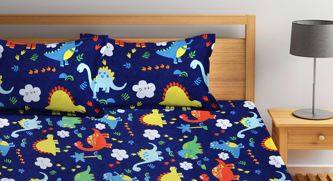 Karu   Kids Blue Cartoon Characters Cotton Blend 300 TC Fitted Double Bedsheet with 2 Pillow covers (King Size, Multi) by Urban Ladder - Design 1 Full View - 898470